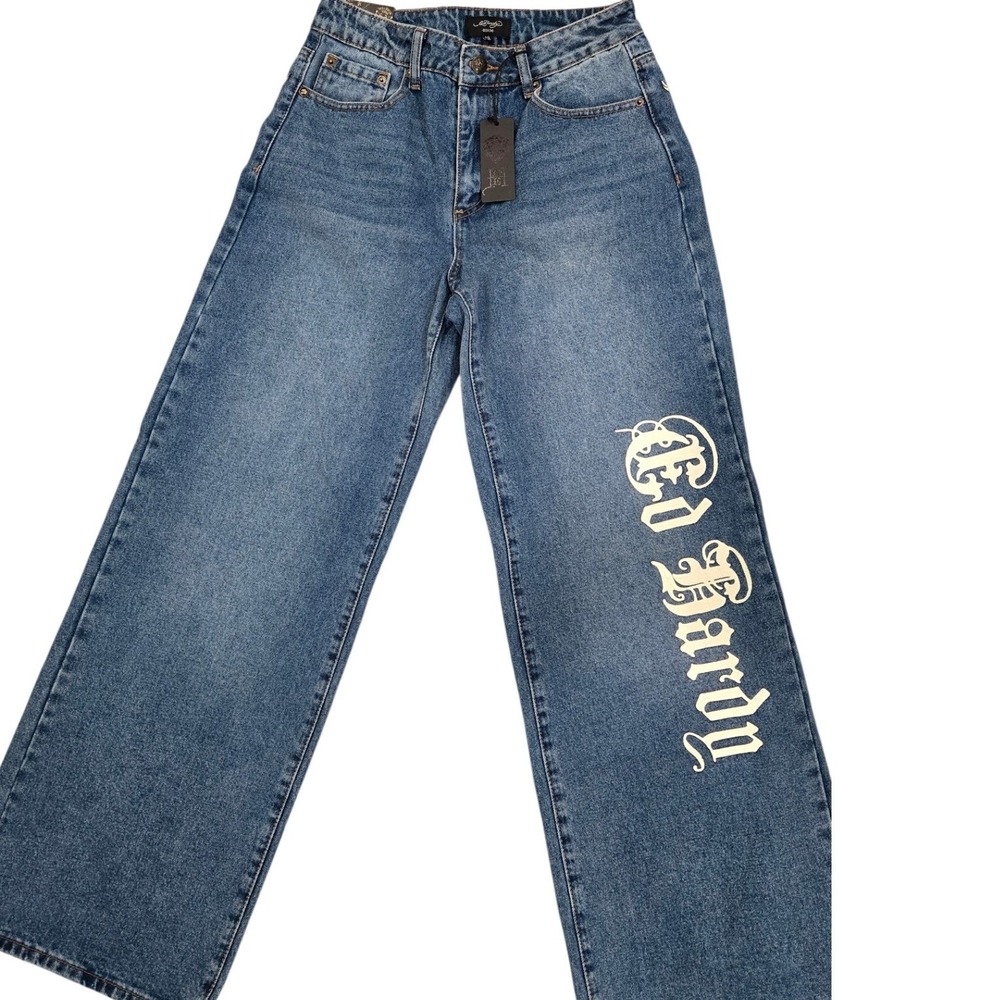 NWT Ed Hardy Loose Fit Wide Leg Jeans Medium Wash Born Free Tattoo Graphics - 28